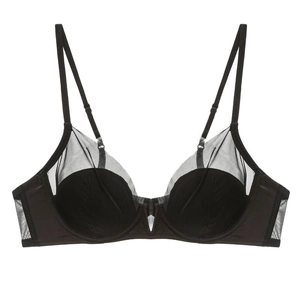 Detailed view of black deep V-neck mesh splicing bra with adjustable straps