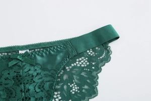 Detailed close-up of dark green lace panties with satin fabric and bow detail