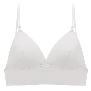 Detail of white triangle bralette showing seamless fabric and adjustable thin straps