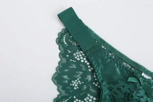 Detailed macro view of dark green lace fabric with satin bow and eyelash trim