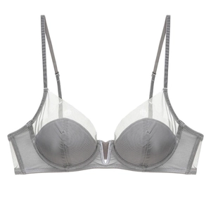 Detail of grey deep V bra with sheer mesh patchwork and adjustable shoulder straps