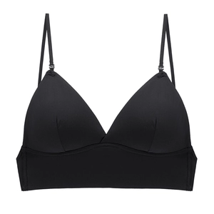 Detail view of black French triangle bralette with thin adjustable straps and wire-free design