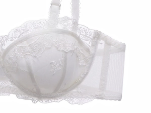 Détail de la broderie en dentelle florale blanche et du filet transparent sur le soutien-gorge