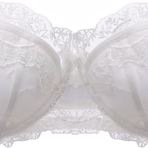 Détail de soutien-gorge en dentelle florale blanche avec petit nœud et broderie raffinée