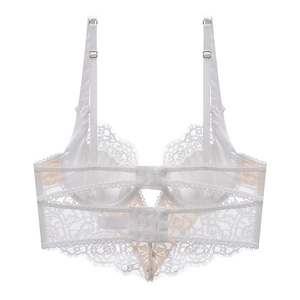 White French eyelash lace longline bra with back hook closure and push-up support