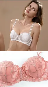 Detail of French embroidery lace bra with delicate butterfly pattern and cutout center