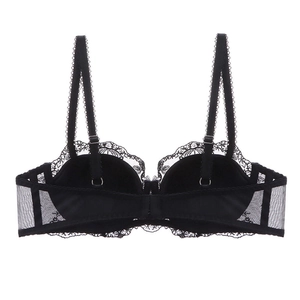 Détail du dos d'un soutien-gorge en dentelle noire avec ailes en résille fines