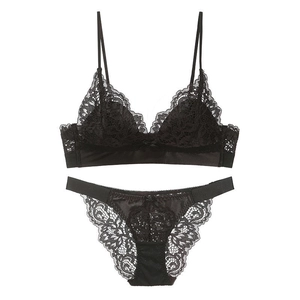 French style black lace lingerie set with wireless triangle bra and matching panties