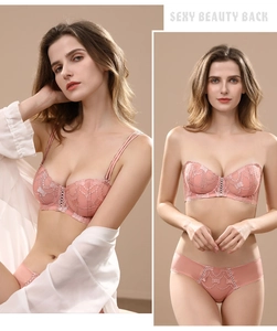 Detailed lace embroidery on dusty rose bra and matching panty set for elegant look