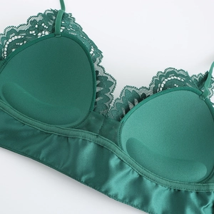 French lace bralette in dark green with wireless triangle cups and satin trim