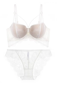 Detailansicht eines weißen Spitzen-Dessous-Sets mit Push-up-BH und passendem Slip