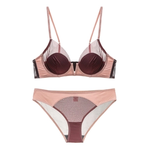 Lingerie de Style Français Mince avec Col en V Profond en Maille Patchwork pour Femmes Soutien-Gorge Push Up et Culotte Sexy