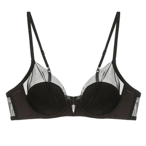 French style deep V black lace bra with mesh stitching and soft underwire support