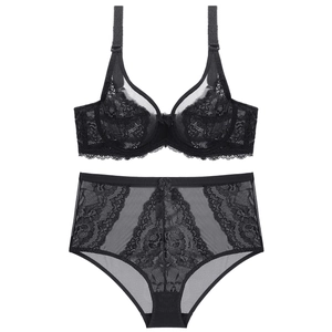 Black lace lingerie set with underwire bra and high waist panties on white background