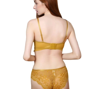 Mustard yellow lace lingerie set featuring thin straps and back view of elegant lace panties