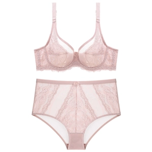 Elegant lace lingerie set with underwire bra and high-waisted briefs in soft lotus pink