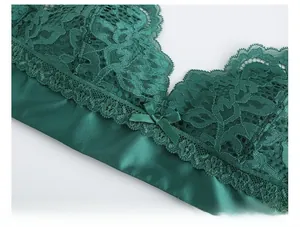 Detail of dark green floral lace bra showing exquisite texture and a small center bow