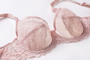 Close-up of delicate lace embroidery and mesh fabric on a pale pink lingerie bra