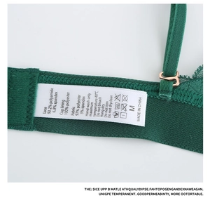 Detail view of dark green lace bra showing adjustable strap and fabric material tag