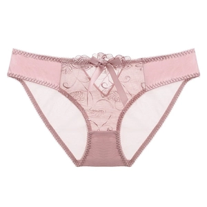 Women Sexy French Lace Mesh Panties Transparent Floral Embroidery Low Waist Briefs With Cotton Crotch Bow Underwear