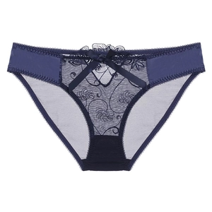 Lace floral embroidery mesh panties in dark blue with ribbon bow on white background