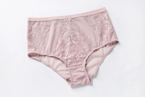 Close-up of pale pink high-waisted lace panties with delicate floral patterns and mesh