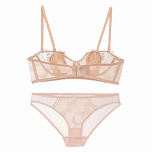 French lace floral embroidery lingerie set with push-up soft wire bra and panties in beige