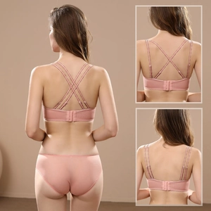 Pink strapless push up bra set with seamless panties and elegant cross back strap design