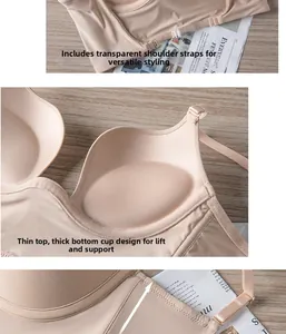 Detail of nude push-up bra featuring thick padded cups and clear adjustable back straps