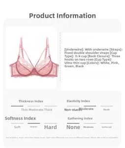 Detail view of pink 3/4 ultra-thin lace bra with steel underwire and delicate embroidery