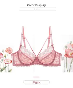 Detail of pink floral lace bra featuring a scalloped edge and cross-strap design