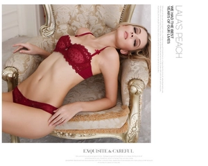 Detail of red floral lace bra set with delicate bow accents on vintage gold sofa