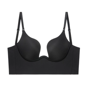 Seamless deep U-neck backless bra in black featuring push-up support and adjustable straps