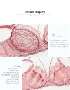 Detail of pink floral lace bra showing breathable cup texture and soft lining fabric