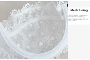 Macro detail of the breathable white mesh lining and floral lace embroidery on the bra