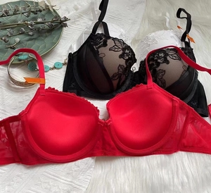 Detailed close-up of lace embroidery and breathable mesh on elegant push-up bras