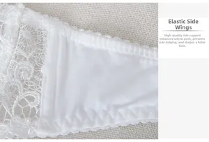 Close-up of elastic side wings and floral lace texture on a white lace bra