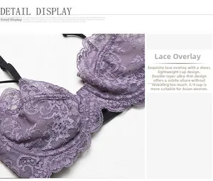 Détail d'un soutien-gorge en dentelle violette avec bonnets 3/4 ultra-fins et mesh