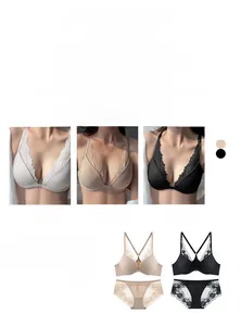 Detailed view of seamless lace bra with front closure and matching panty set for women