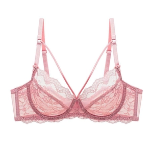 Pink lace underwire bra with floral patterns and V-shaped cross decorative straps