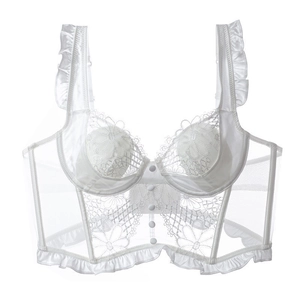 French Sexy Lace Corset Top Underwire Floral Embroidery Mesh Bustier Bra Ruffle Trim Transparent Back Hooks Women Lingerie