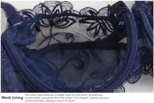 Close-up of deep blue lace bra featuring a breathable single-layer mesh lining and floral embroidery