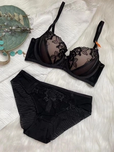 Flat lay detail of black floral lace lingerie set with 3/4 cup bra and mesh underwear