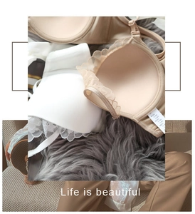 Close-up of nude seamless cup and white lace trim bras with soft satin and fur backdrop