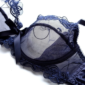 Deep blue lace bra with sheer embroidery bow detail and supportive underwire construction