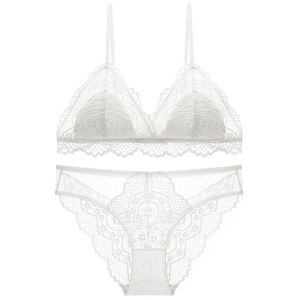 French style white lace triangle bralette and panty set with wireless design