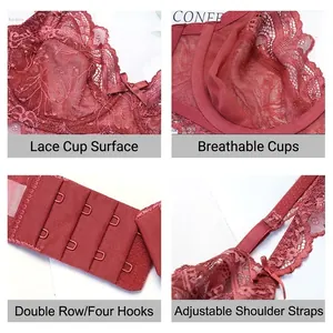 Lace bra in burgundy featuring breathable mesh lining and adjustable shoulder straps