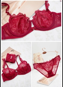 Detail view of red lace lingerie set with floral embroidery and sheer mesh bra