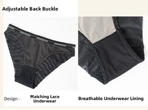 Detail of breathable cotton crotch and lace mesh stitching on black sexy underwear