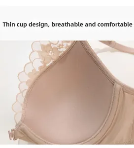Close-up of beige thin lace bra cup showing breathable texture and delicate details